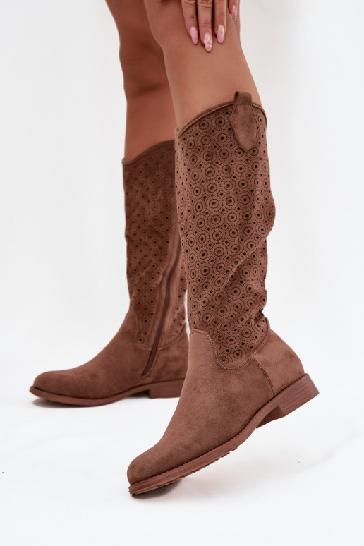Women's Flat Heeled Boots with Perforated Pattern S.Barski HY52-531 Brown