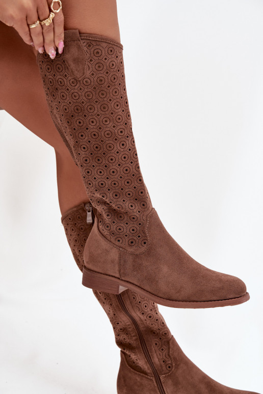 Women's Flat Heeled Boots with Perforated Pattern S.Barski HY52-531 Brown