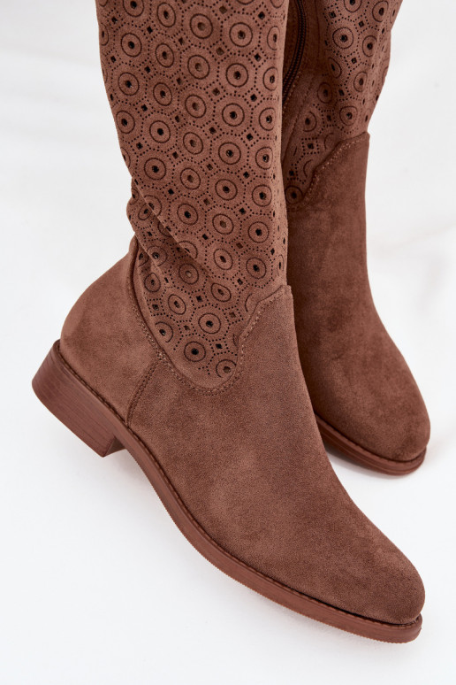 Women's Flat Heeled Boots with Perforated Pattern S.Barski HY52-531 Brown