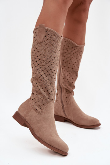 Women's Flat Heel Boots with Openwork Pattern S.Barski HY52-531 Beige