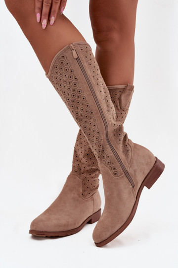 Women's Flat Heel Boots with Openwork Pattern S.Barski HY52-531 Beige 2