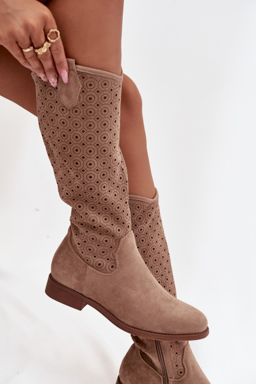 Women's Flat Heel Boots with Openwork Pattern S.Barski HY52-531 Beige