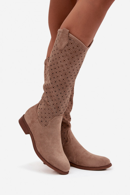 Women's Flat Heel Boots with Openwork Pattern S.Barski HY52-531 Beige
