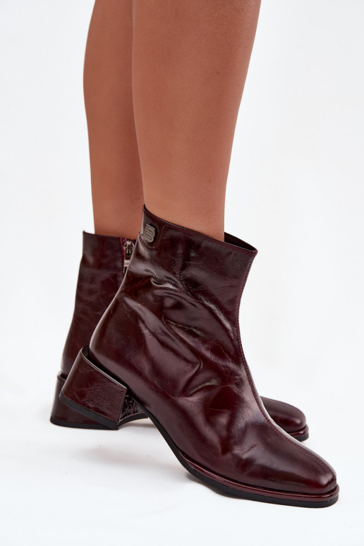 Women's ankle boots made of genuine leather with block heel heated D&A CR52-715 Bordeaux