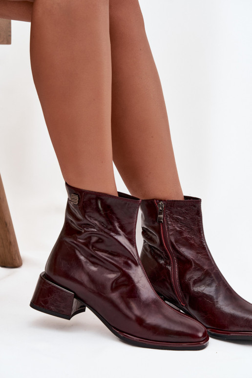 Women's ankle boots made of genuine leather with block heel heated D&A CR52-715 Bordeaux