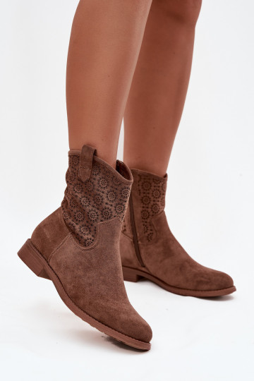 Women's Flat Heel Ankle Boots with Openwork Pattern S.Barski HY52-530 Brown