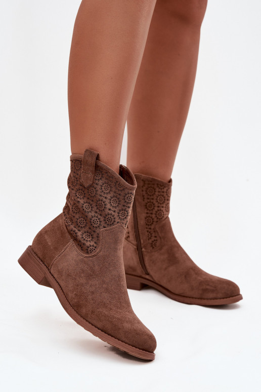 Women's Flat Heel Ankle Boots with Openwork Pattern S.Barski HY52-530 Brown