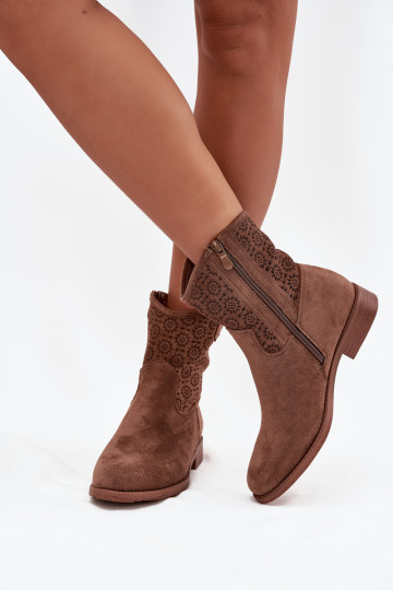 Women's Flat Heel Ankle Boots with Openwork Pattern S.Barski HY52-530 Brown 2
