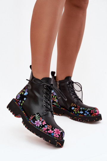 Leather Women's Ankle Boots With Flowers Insulated Artiker 57C0180 Black 2