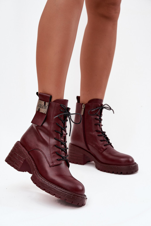 Leather Women's Work Boots on Block Heel with Decorative Detail Artiker 57C0211 Bordeaux