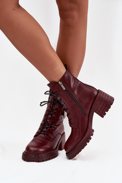 Leather Women's Work Boots on Block Heel with Decorative Detail Artiker 57C0211 Bordeaux
