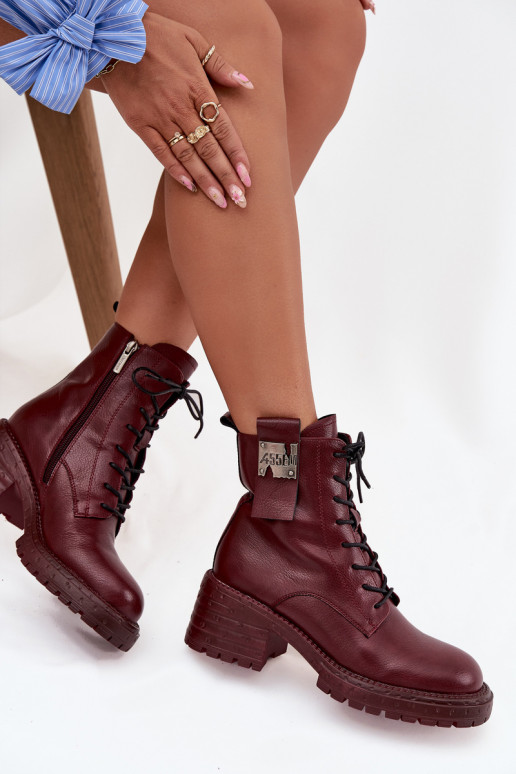 Leather Women's Work Boots on Block Heel with Decorative Detail Artiker 57C0211 Bordeaux