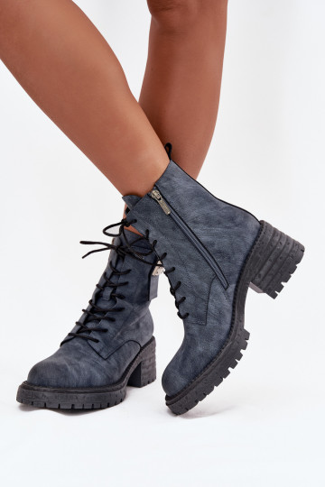 Leather Women's Work Boots on Block Heel with Decorative Detail Artiker 57C0212 Blue