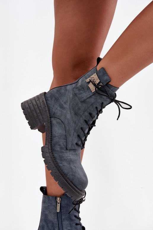 Skórzane Botki Workery Damskie Na KlockuwithOzdobnym Detalem Artiker 57C0212 Niebieskie