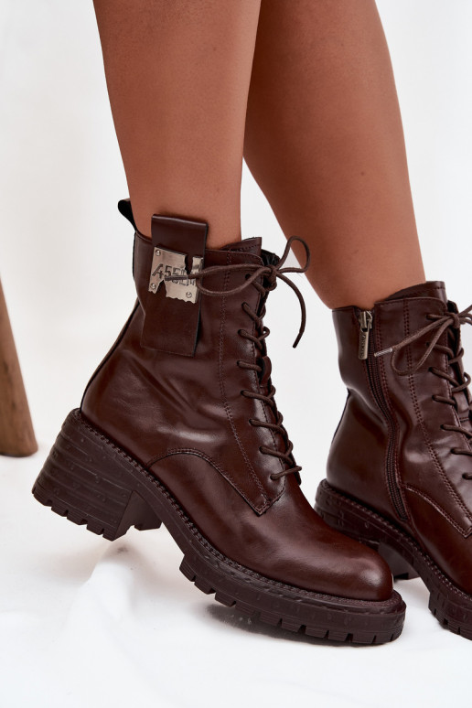 Leather Women's Work Boots Block Heel with Decorative Detail Artiker 57C0213 Brown