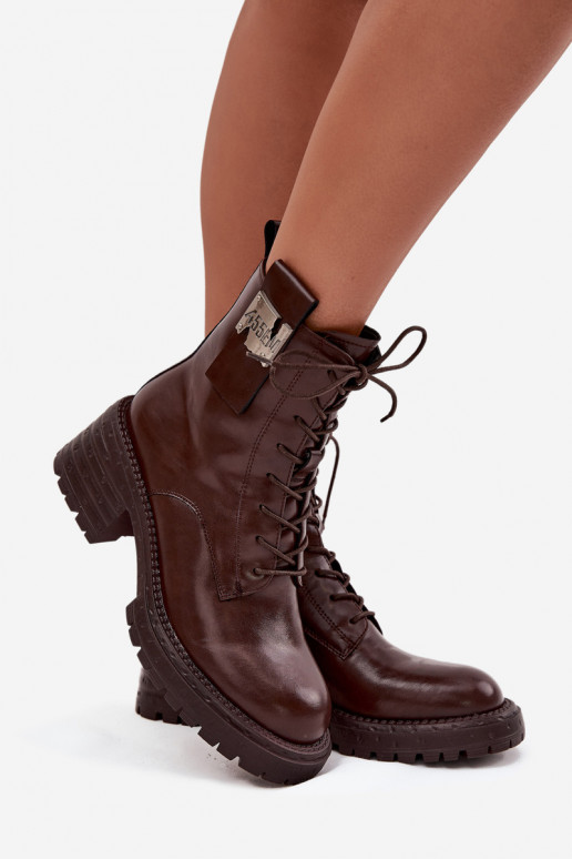 Leather Women's Work Boots Block Heel with Decorative Detail Artiker 57C0213 Brown