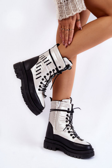Women's Lace-up Snow Boots Black and White Sharmen