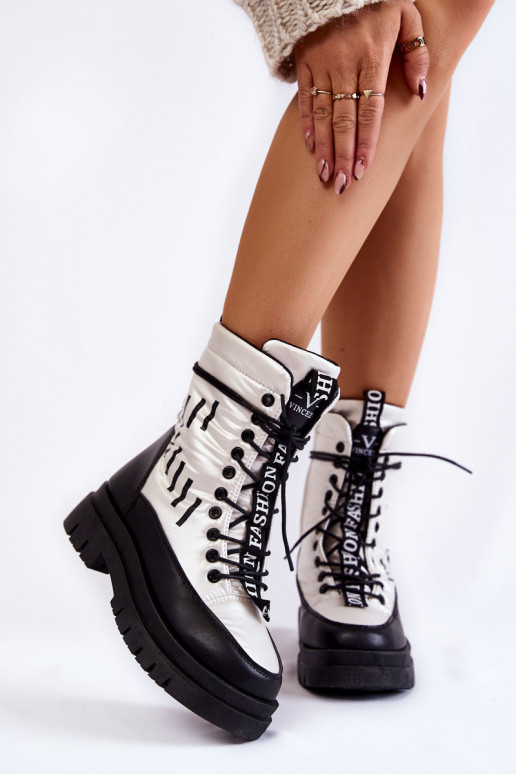 Women's Lace-up Snow Boots Black and White Sharmen
