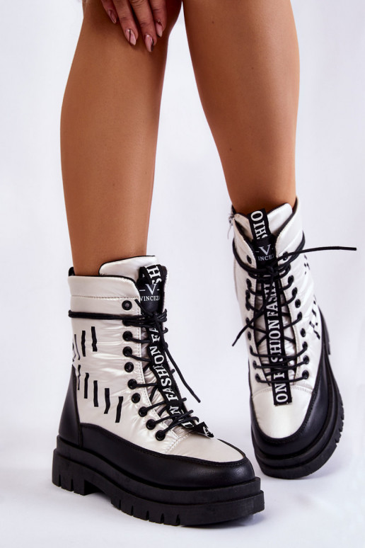 Women's Lace-up Snow Boots Black and White Sharmen