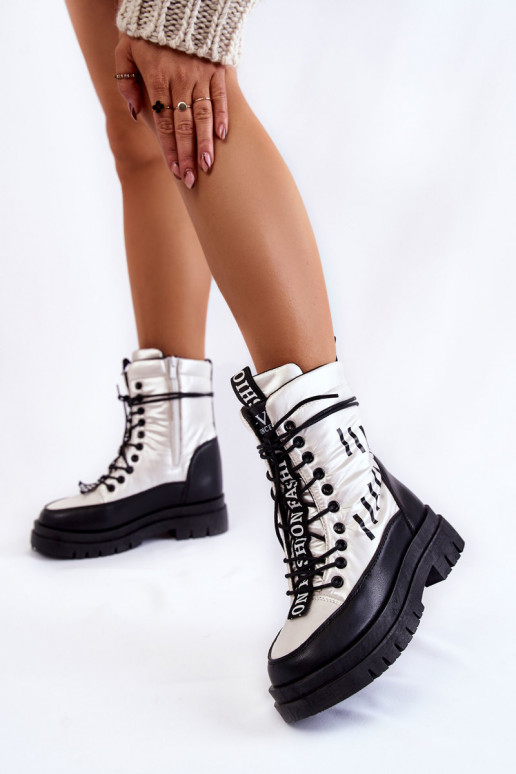 Women's Lace-up Snow Boots Black and White Sharmen