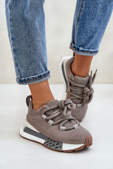 Zamszowe Sneakersy Damskie Na PlatformiewithGrubym Sznurowaniem Artiker 54C1463 Szare
