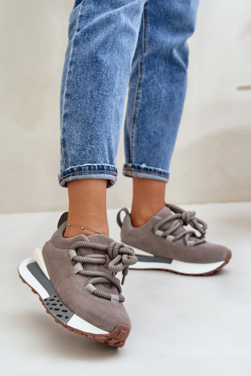 Zamszowe Sneakersy Damskie Na PlatformiewithGrubym Sznurowaniem Artiker 54C1463 Szare 2