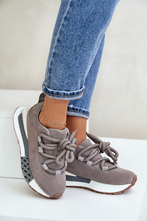 Suede Women's Sneakers On Platform With Thick Lacing Artiker 54C1463 Gray