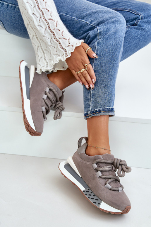Suede Women's Sneakers On Platform With Thick Lacing Artiker 54C1463 Gray