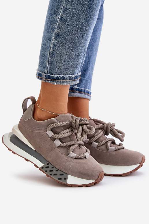 Suede Women's Sneakers On Platform With Thick Lacing Artiker 54C1463 Gray