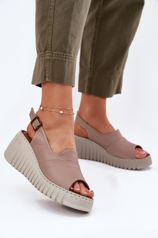 Ladies Sandals Made Of Natural Leather On Wedge Dark Beige Artiker 54C0788