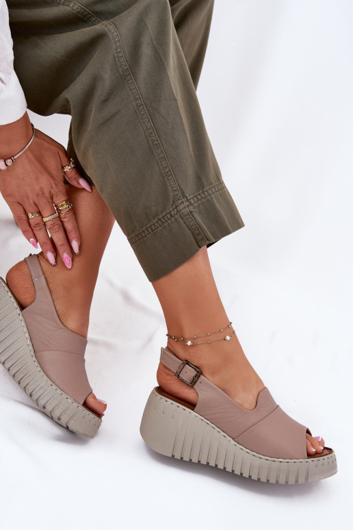 Ladies Sandals Made Of Natural Leather On Wedge Dark Beige Artiker 54C0788