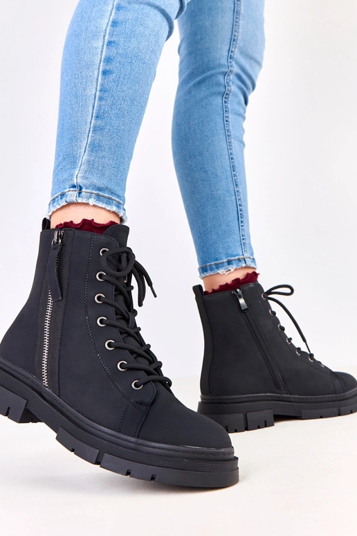 Czarne traperki damskie ekoskóry...