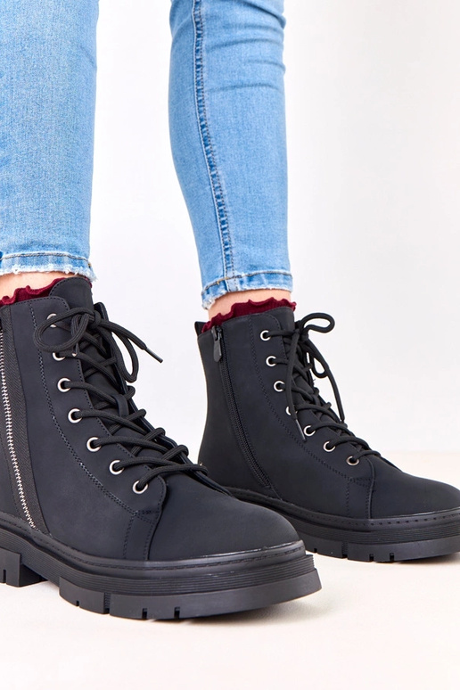 Czarne traperki damskie ekoskóry...