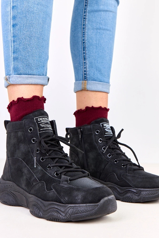 Czarne traperki ekozamszowe z...