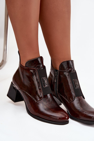 Leather Lacquered Block Heel Boots with Decorative Detail Insulated Zazoo 60560 Dark Brown