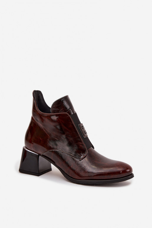 Skórzane Lakierowane Botki Na KlockuwithOzdobnym Detalem Ocieplane Zazoo 60560 Ciemnobrązowe