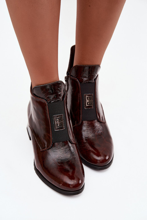 Leather Lacquered Block Heel Boots with Decorative Detail Insulated Zazoo 60560 Dark Brown