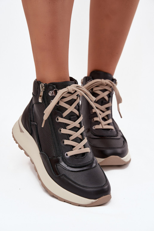 Botki Sportowe Damskie Na PlatformiewithNaturalnej Skóry Zazoo Z1239 Czarne