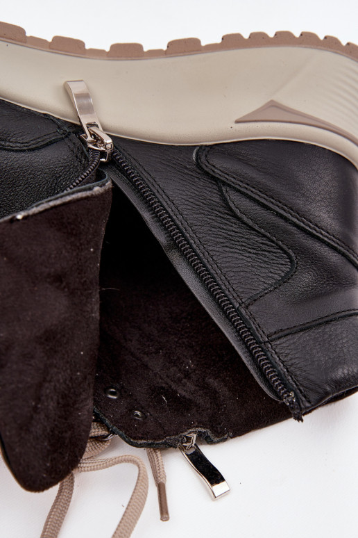 Botki Sportowe Damskie Na PlatformiewithNaturalnej Skóry Zazoo Z1239 Czarne