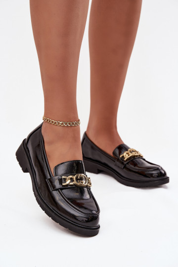 Lacquered Women's Loafers With Gold Decoration S Bar ski HY52 539 Black 2
