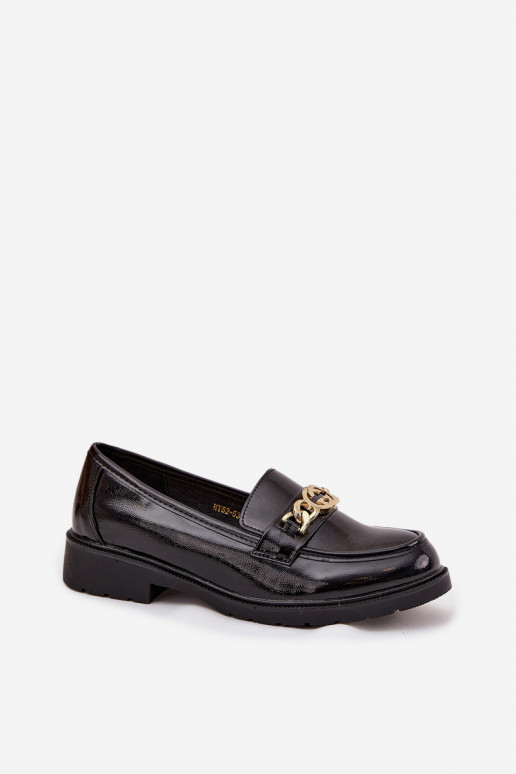 Lacquered Women's Loafers With Gold Decoration S Bar ski HY52 539 Black