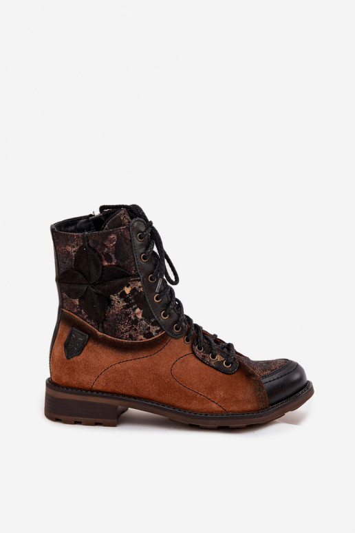 Skórzane Botki DamskiewithNaturalnej Skóry Na Płaskim Obcasie Maciejka 07004-29 Camel