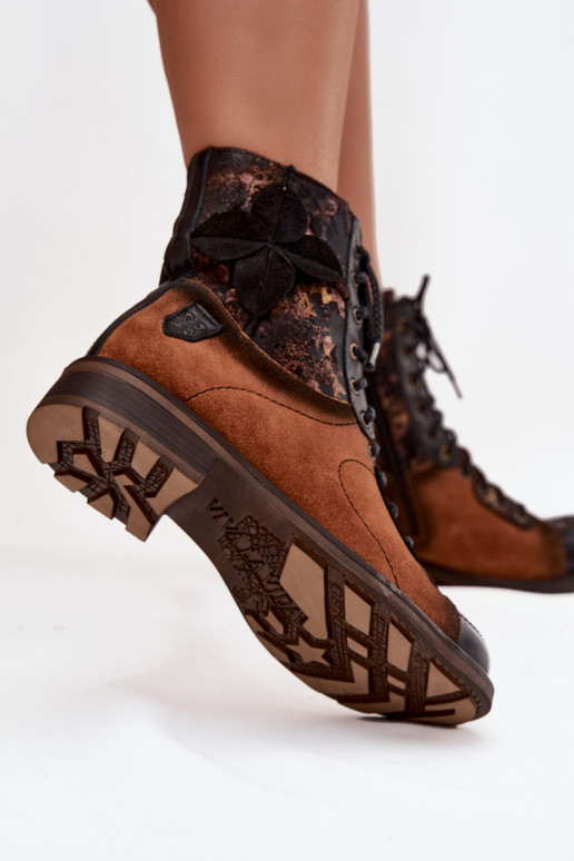 Skórzane Botki DamskiewithNaturalnej Skóry Na Płaskim Obcasie Maciejka 07004-29 Camel