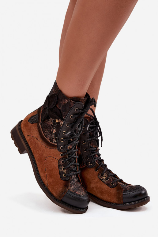 Skórzane Botki DamskiewithNaturalnej Skóry Na Płaskim Obcasie Maciejka 07004-29 Camel