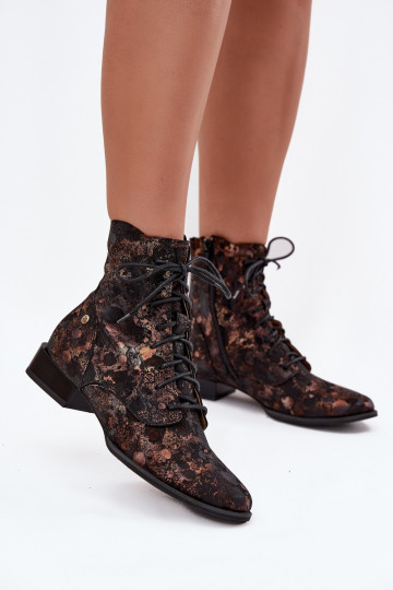 Suede Patterned Ankle Boots On Flat Heel Maciejka 06391-02 Black-Golden 2