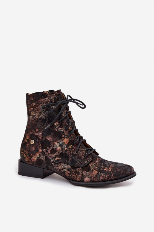 Suede Patterned Ankle Boots On Flat Heel Maciejka 06391-02 Black-Golden