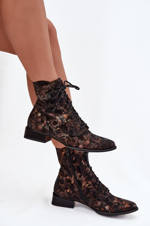 Suede Patterned Ankle Boots On Flat Heel Maciejka 06391-02 Black-Golden