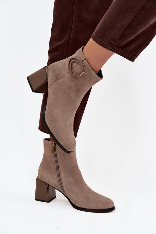 Suede Block Heel Boots Lined With Decorative Detail Artiker 57C0014 Beige