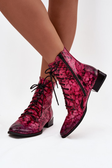 Leather Patterned Ankle Boots On Flat Heel Maciejka 06391-23 Pink