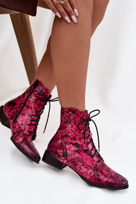 Leather Patterned Ankle Boots On Flat Heel Maciejka 06391-23 Pink
